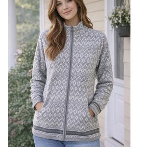 MAX STUDIO Gray & White Geometric  Pattern Full Zip Long Sweater Jacket NWOT